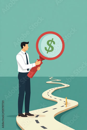 Businessman Using Magnifying Glass to Track Money Trail vector::9, navigating path to financial success and company growth
