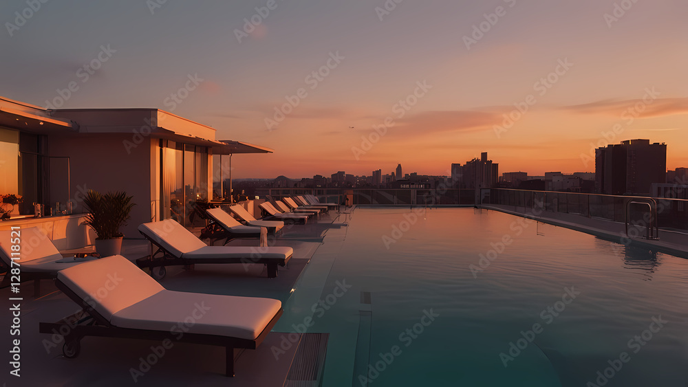 Fototapeta premium Cityscape Hotel with Rooftop Pool