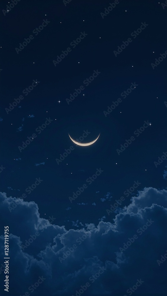 Glowing crescent moon with stars in dark sky Glowing crescent moon with stars in dark sky