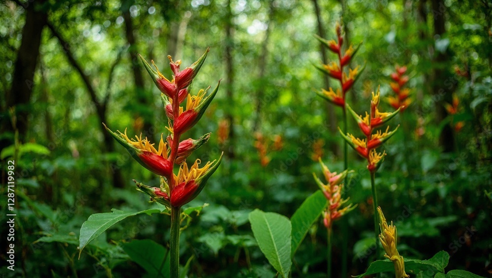Exotic heliconia flowers in lush rainforest setting Exotic heliconia flowers in lush rainforest setting
