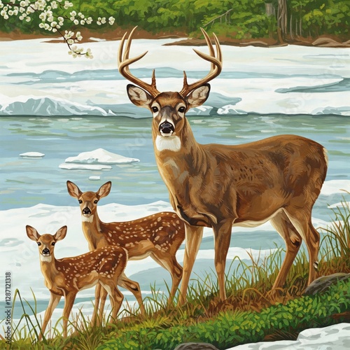 oil painting of a family of deers in a beautiful spring forest in sunny weather