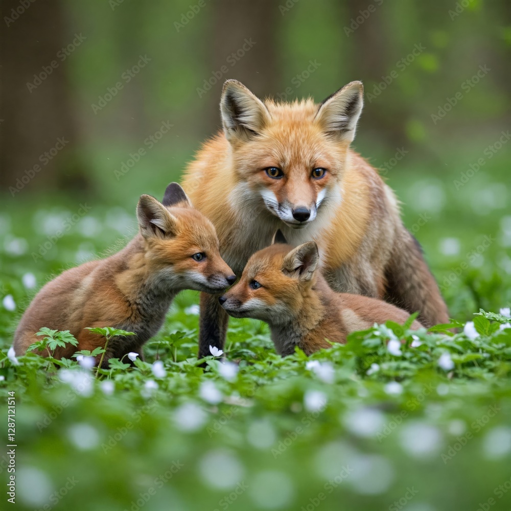 Fototapeta premium a family of cute foxes in a beautiful spring forest in sunny weather