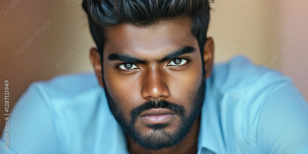 Obraz premium Portrait of Indian man with features and intense gaze personality shining through photograph