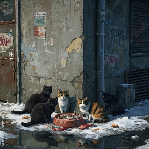 A family of stray cats on a cold spring street next to a bowl of scraps