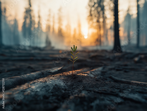 Junger Baum wächst im verbrannten Wald nach einem Feuer in der Natur

 photo