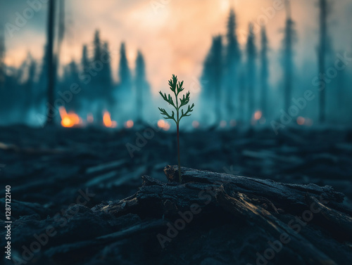 Junger Baum wächst im verbrannten Wald nach einem Feuer in der Natur

 photo