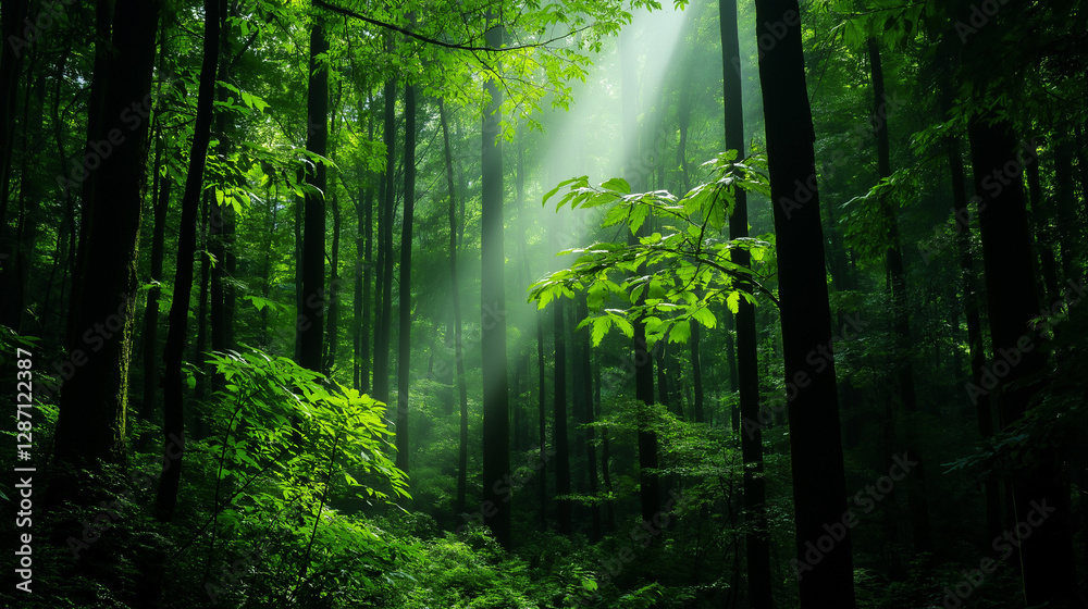Obraz premium Sonnenstrahlen im grünen Wald bei Sonnenaufgang