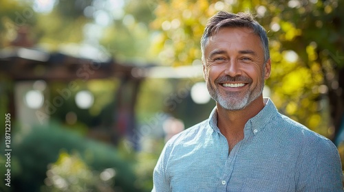 Handsome Middle-Aged Man Standing Confidently with a Warm Smile in a Lush Outdoor Environment