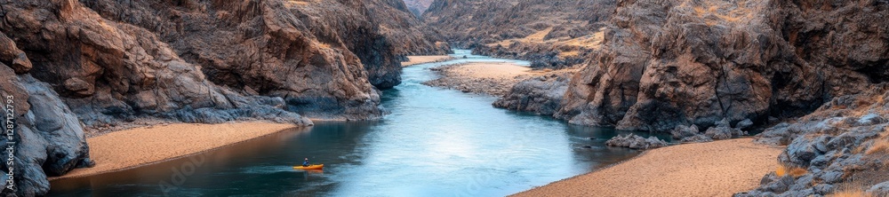 A Kayaker Navigating Through a Narrow Canyon with Steep Rocky Walls and a River. Generative AI A Kayaker Navigating Through a Narrow Canyon with Steep Rocky Walls and a River. Generative AI