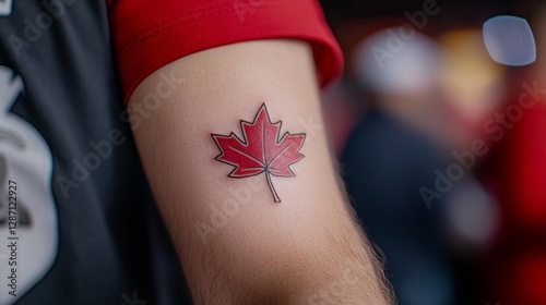 Vibrant Red Maple Leaf Tattoo on the Arm at a Celebration. Generative AI photo