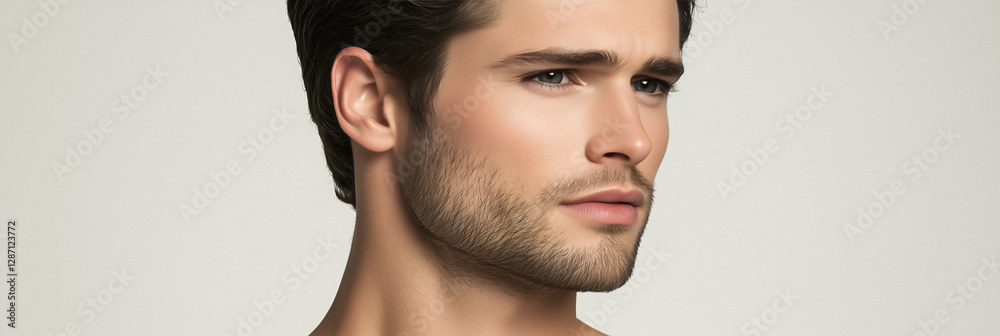Fototapeta premium Profile portrait of handsome man with well groomed beard and dark hair against clean neutral backdrop