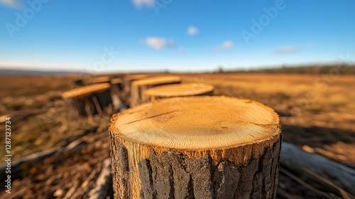 gerodete Baumstumpf liegt auf gerodetem Land bei klarem Himmel im Frühling

 photo