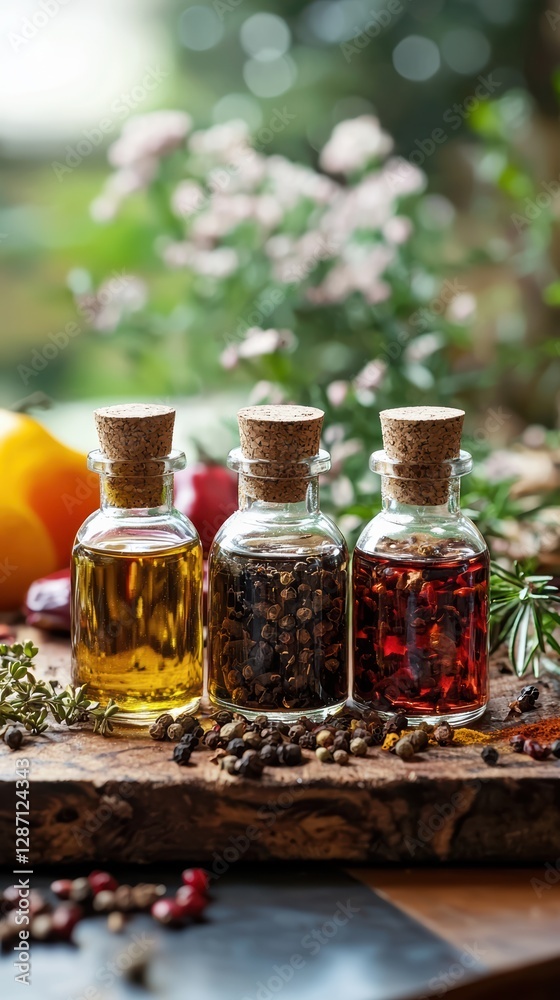 Rustic kitchen display of spices and infused oils Rustic kitchen display of spices and infused oils