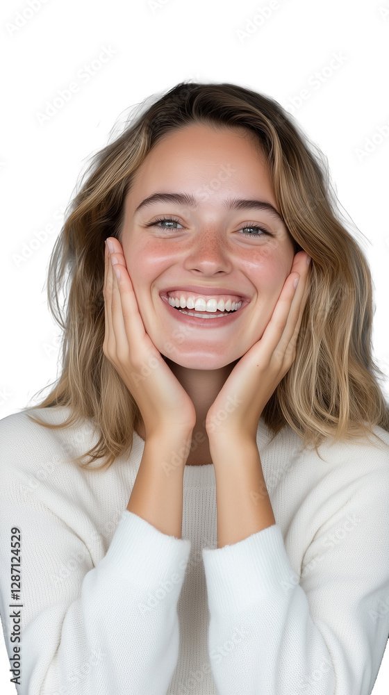 Smiling woman with hands near her face expressing joy on transparent background Smiling woman with hands near her face expressing joy on transparent background