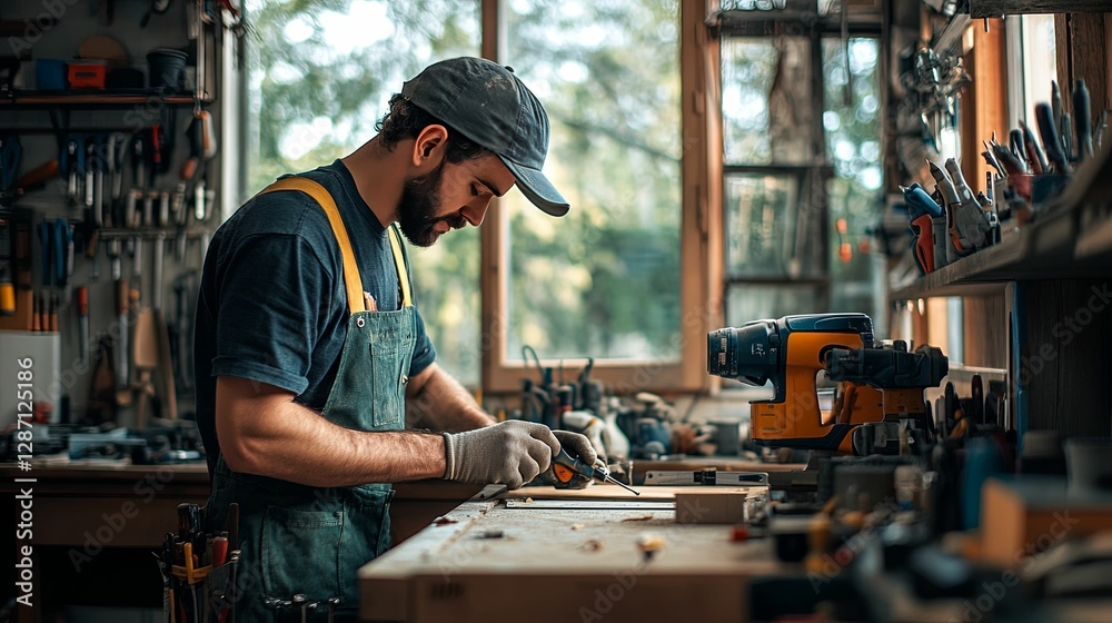 Craftsman Carefully Working Wood In His Workshop Craftsman Carefully Working Wood In His Workshop