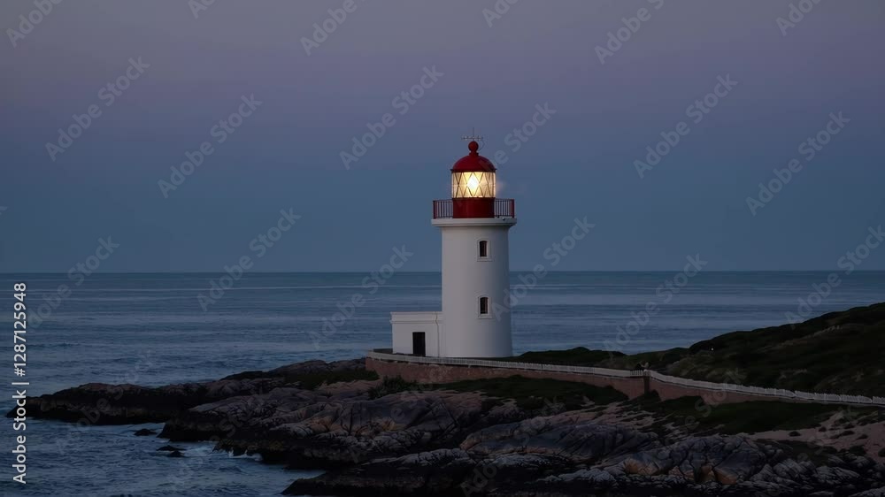 Lighthouse on rocky coast at dusk with illuminating beacon against twilight sky. Maritime navigation and solitude concept Lighthouse on rocky coast at dusk with illuminating beacon against twilight sky. Maritime navigation and solitude concept