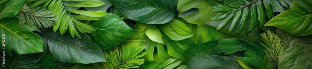 A lush collection of tropical leaves creating a vibrant and dense green pattern. Generative AI A lush collection of tropical leaves creating a vibrant and dense green pattern. Generative AI