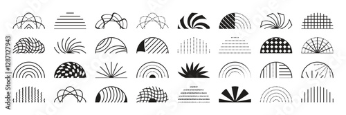 Black line monochrome semicircle set for y2k designs, vector abstract radial forms