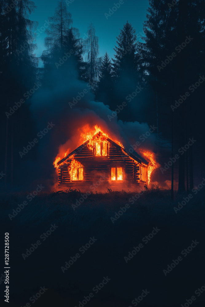 Brennendes Holzhaus in dichten Wäldern während einer Feuersituation
Brennendes Holzhaus in dichten Wäldern während einer Feuersituation