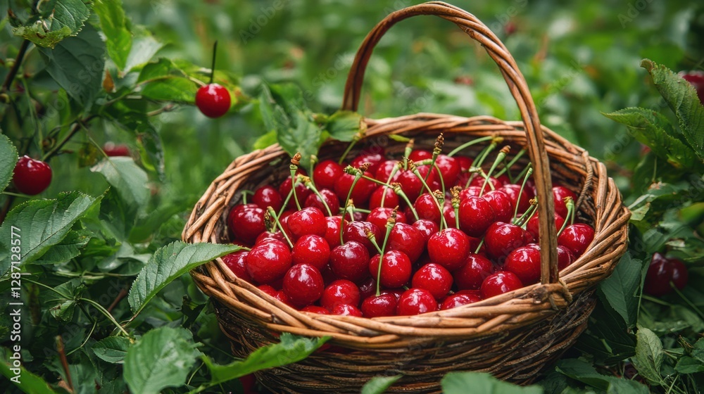 Fresh Red Cherries in a Natural Setting with a Woven Basket Fresh Red Cherries in a Natural Setting with a Woven Basket