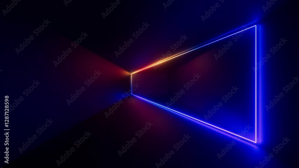looping 3d animation. Abstract futuristic background. Perspective view of glowing frame, changing colors from blue to red inside the dark room. Animated ultraviolet wallpaper