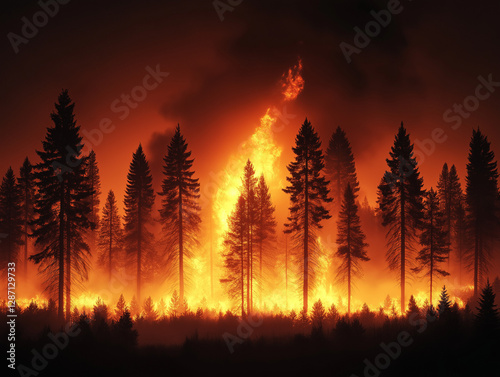 Waldbrand entfaltet sich in der Nacht mit leuchtenden Flammen und Rauch

 photo