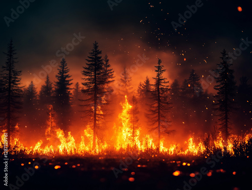 Waldbrand entfaltet sich in der Nacht mit leuchtenden Flammen und Rauch

