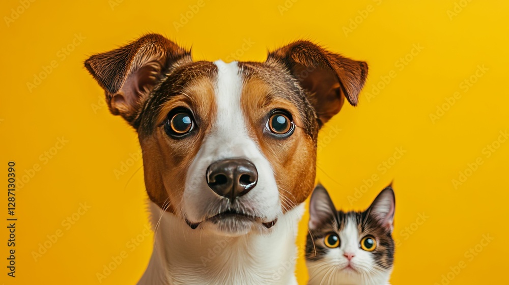 A Jack Russell Terrier and Cat Pose Together Against Yellow A Jack Russell Terrier and Cat Pose Together Against Yellow