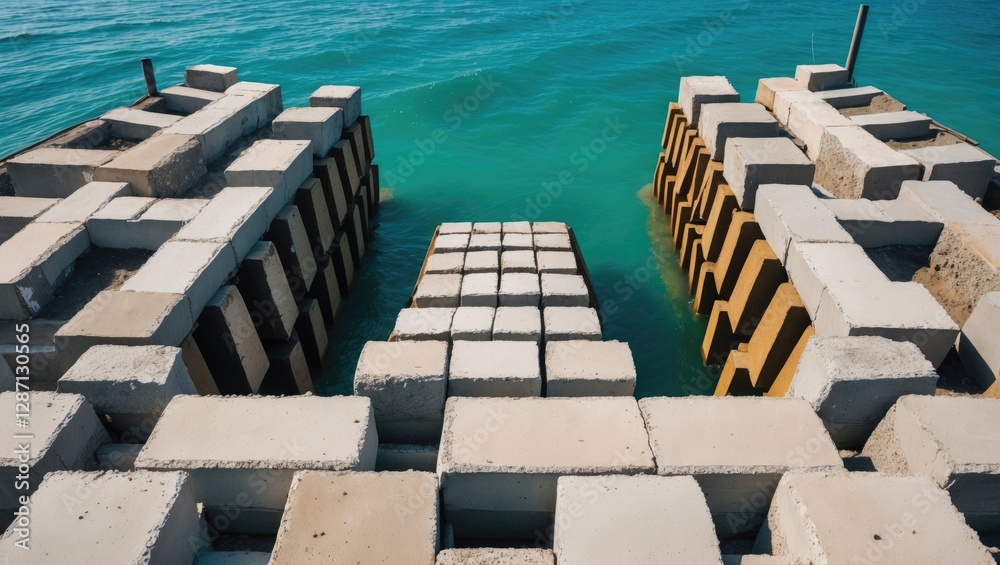 High angle view of a breakwater made from interlocking concrete blocks extending into clear turquoise waters against a sunny backdrop. High angle view of a breakwater made from interlocking concrete blocks extending into clear turquoise waters against a sunny backdrop.