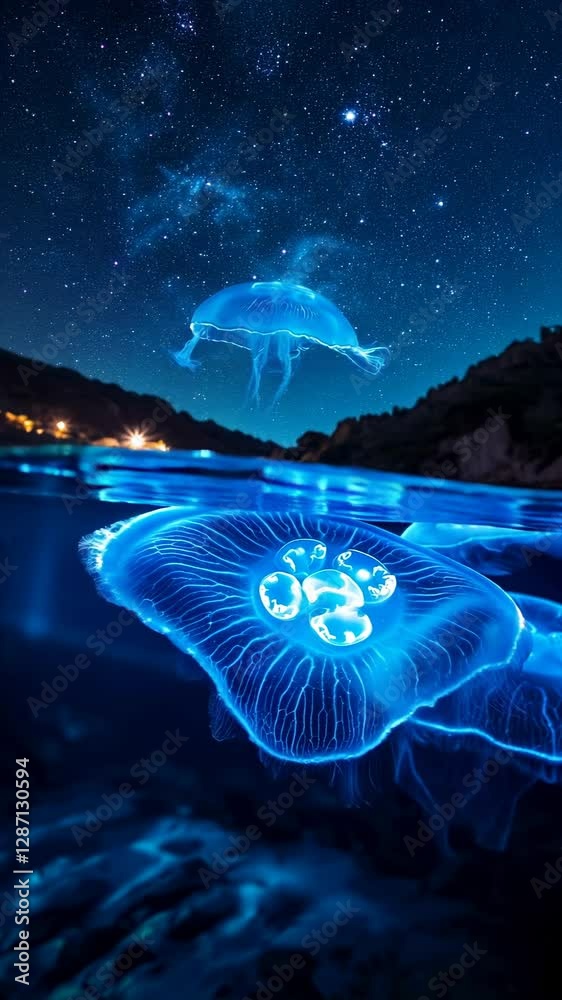 A mesmerizing video concept of glowing jellyfish under a starry sky ...