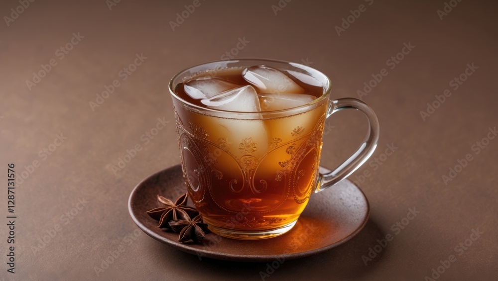 Iced Tea in Elegant Glass Cup on Rustic Brown Table Surrounded by Spices and Ice Cubes Creating a Refreshing Drink Aesthetic Iced Tea in Elegant Glass Cup on Rustic Brown Table Surrounded by Spices and Ice Cubes Creating a Refreshing Drink Aesthetic
