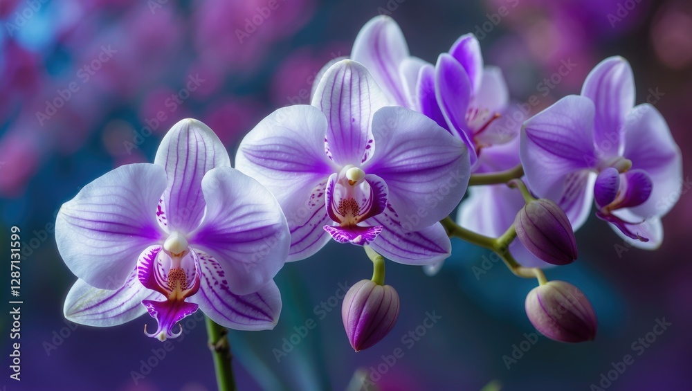 Elegant white and purple orchid blooms against a dreamy background perfect for design inspiration and versatile creative projects. Elegant white and purple orchid blooms against a dreamy background perfect for design inspiration and versatile creative projects.