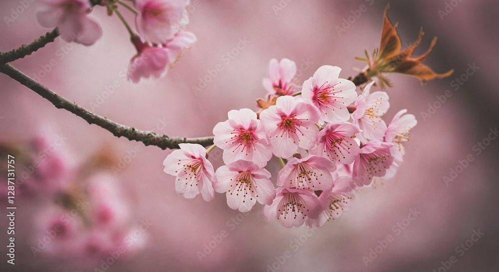 Cherry blossom flowers blooming on branch with soft pink background close up image. Cherry Blossom Festival poster Cherry blossom flowers blooming on branch with soft pink background close up image. Cherry Blossom Festival poster