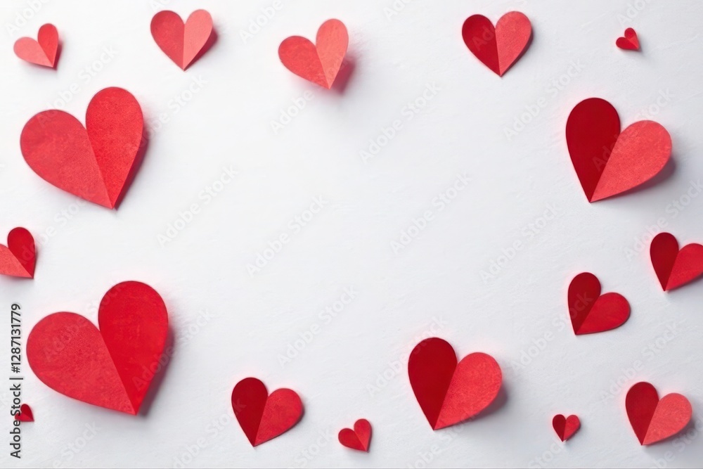Delicate red paper hearts scattered on a crisp white background , craft, token Delicate red paper hearts scattered on a crisp white background , craft, token