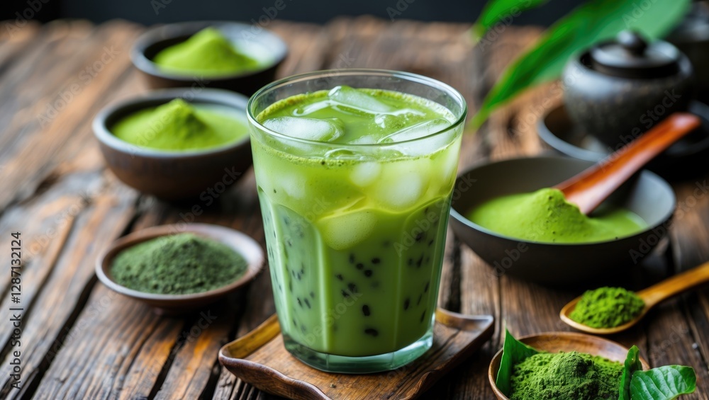 Iced Matcha Tea with Ice Cubes on Rustic Wooden Table Surrounded by Matcha Powder Bowls and Fresh Green Leaves Iced Matcha Tea with Ice Cubes on Rustic Wooden Table Surrounded by Matcha Powder Bowls and Fresh Green Leaves