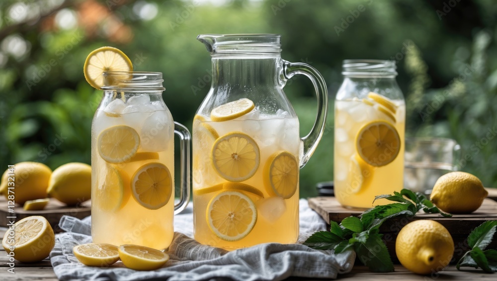 Refreshing Homemade Lemonade Served In Jugs Perfect For Outdoor Picnics With Fresh Lemons And Mint Accents Refreshing Homemade Lemonade Served In Jugs Perfect For Outdoor Picnics With Fresh Lemons And Mint Accents