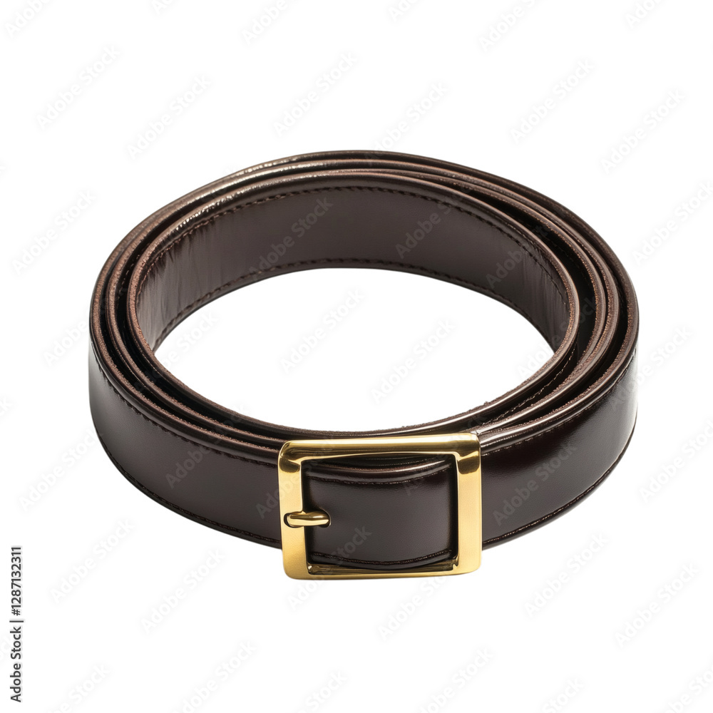 A Dark Brown Leather Belt with Gold Buckle Isolated on Transparent Background A Dark Brown Leather Belt with Gold Buckle Isolated on Transparent Background
