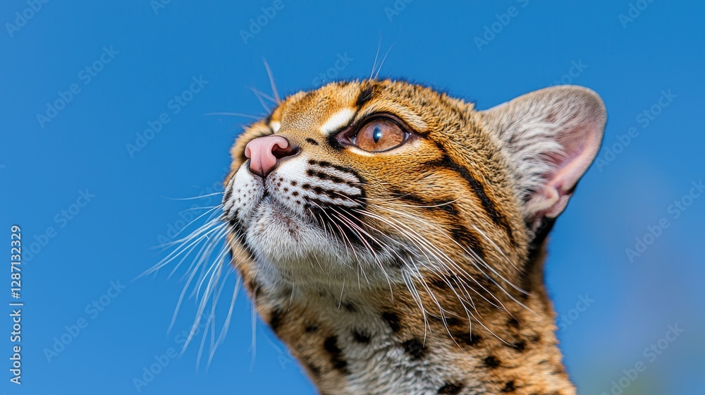 Obraz premium Close-up of a clouded leopard looking upwards against a blue sky. Possible use Wildlife, nature, zoo