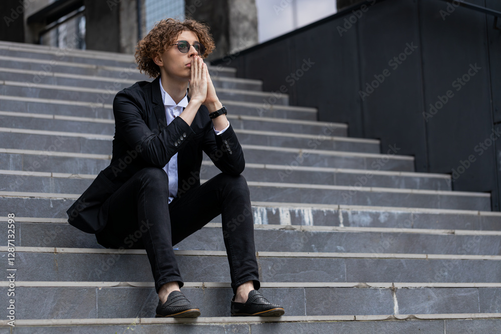 Nervous manager sitting on office steps. Pensive businessman in suit with hands joined making company decision. Successful CEO expert thinking silent break. Corporate leader pondering in downtown. Nervous manager sitting on office steps. Pensive businessman in suit with hands joined making company decision. Successful CEO expert thinking silent break. Corporate leader pondering in downtown.