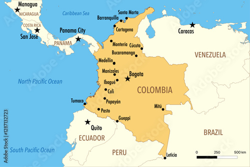 Vector Map of Colombia with Major Cities and Neighboring Countries – Infographic Illustration