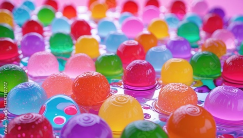Colorful gelatin gumdrop texture with vibrant spheres creating a playful and appetizing food background for creative designs and projects.
