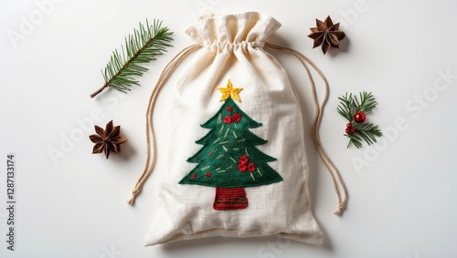 Embroidered Christmas tree linen gift bag surrounded by festive decor creating a cheerful holiday atmosphere on a white background. photo