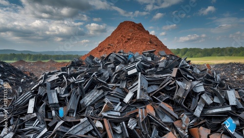 Industrial scrap metal waste pile against a natural landscape with a reddish soil mound under a cloudy sky showcasing environmental impact.