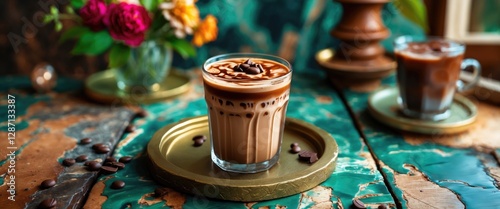 Iced chocolate latte served on a rustic wooden table with coffee beans and vibrant flowers in the background, creating a cozy atmosphere.
