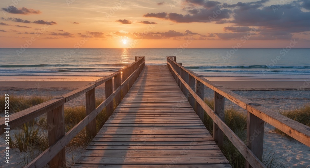 Scenic Beach Jetty Leading Towards Calm Water at Sunset With Space for Text and Imagery Scenic Beach Jetty Leading Towards Calm Water at Sunset With Space for Text and Imagery