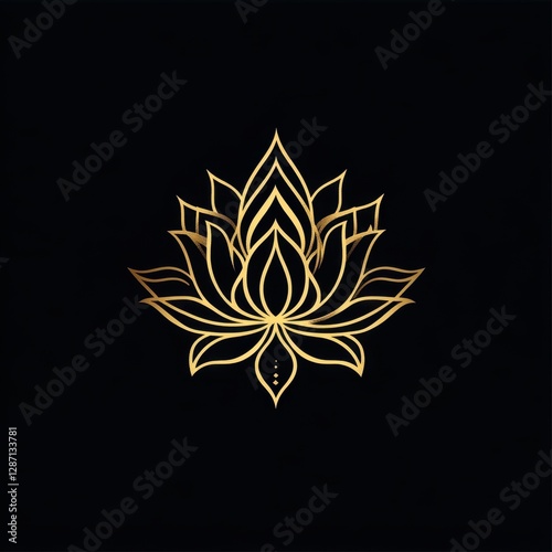 Gold lotus flower line art on black	
