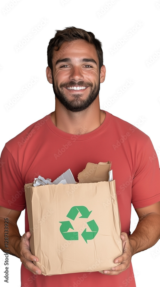 Happy man holding brown recycling bag full of papers on transparent background Happy man holding brown recycling bag full of papers on transparent background