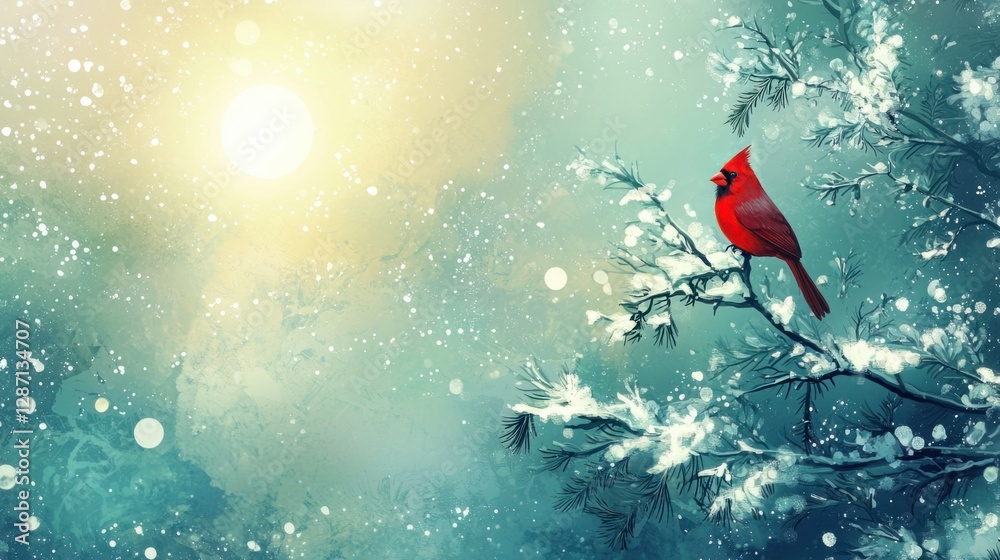 Vibrant Red Cardinal Perched on Snowy Branches in Winter Wonderland Vibrant Red Cardinal Perched on Snowy Branches in Winter Wonderland