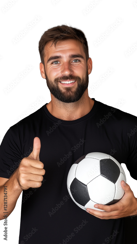 Smiling man holding soccer ball and giving thumbs up on transparent background Smiling man holding soccer ball and giving thumbs up on transparent background