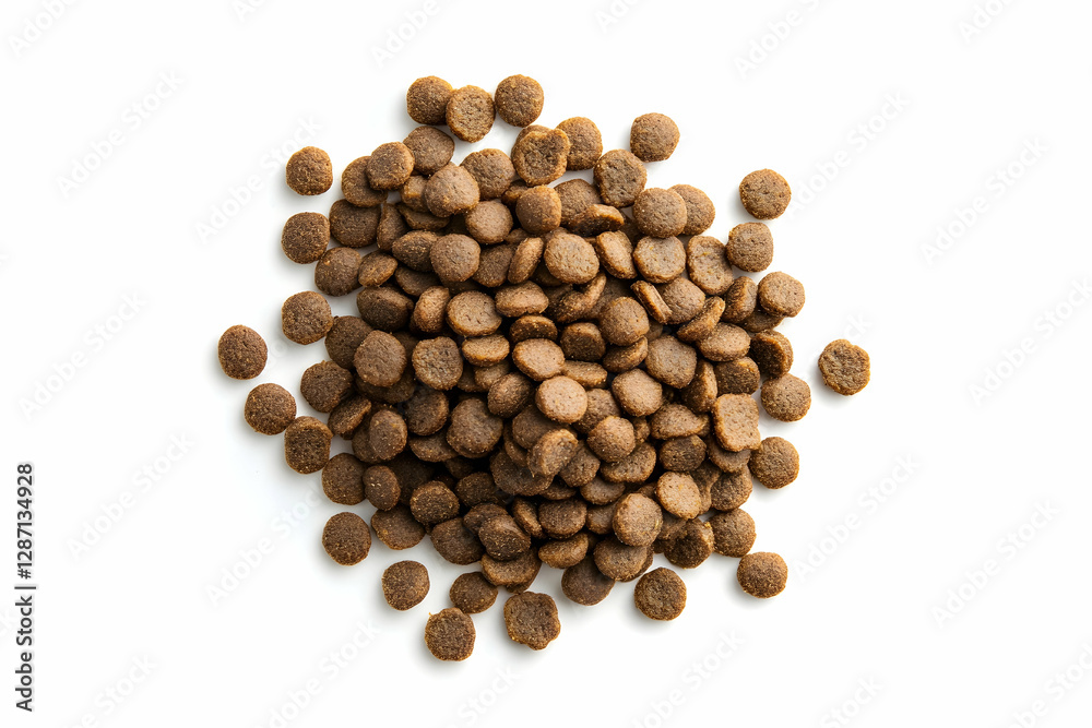 Pile of dry kibble isolated on white, top view Pile of dry kibble isolated on white, top view